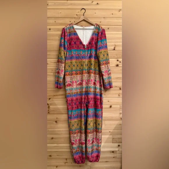 Natural Life Large Colorful Bohemian Fair Isle Print Fleece Zip Up One Piece PJ - Picture 1 of 9